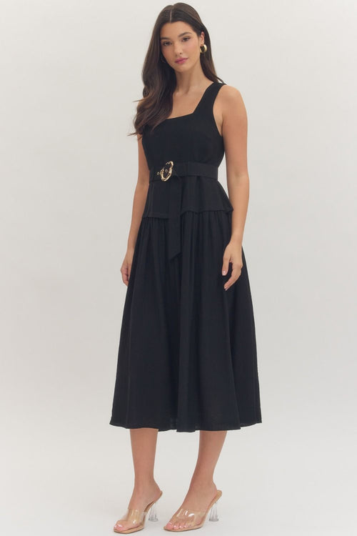 Black Sleeveless Midi Dress With Gold Buckle Belt