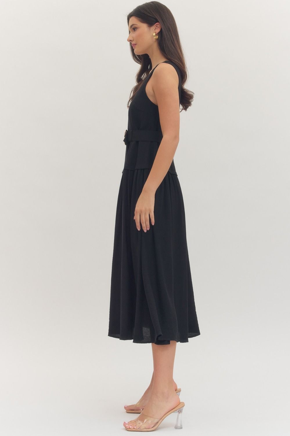 Black Sleeveless Midi Dress With Gold Buckle Belt