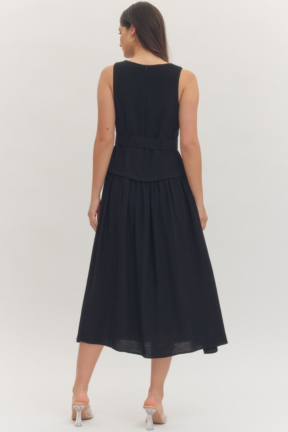 Black Sleeveless Midi Dress With Gold Buckle Belt