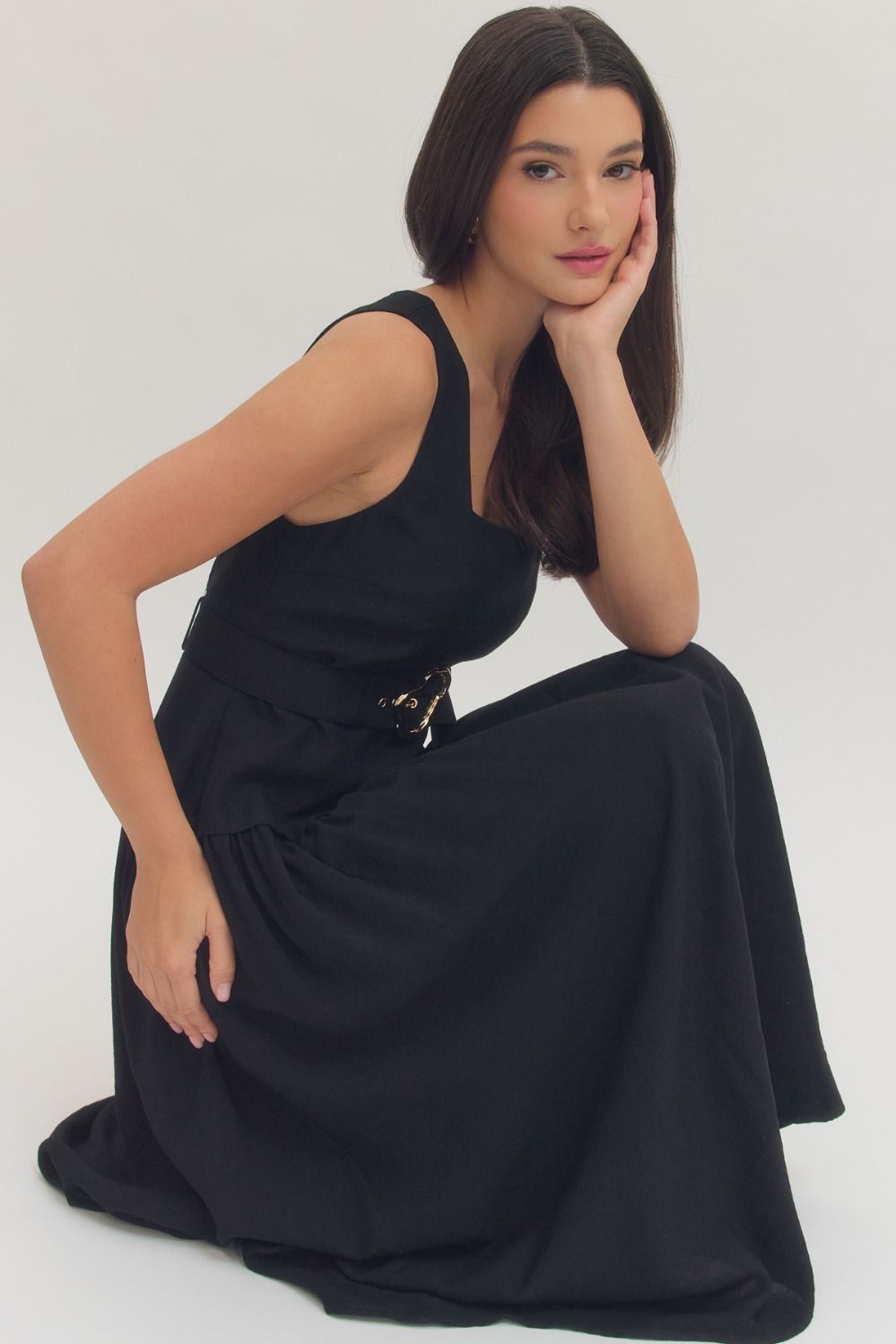 Black Sleeveless Midi Dress With Gold Buckle Belt