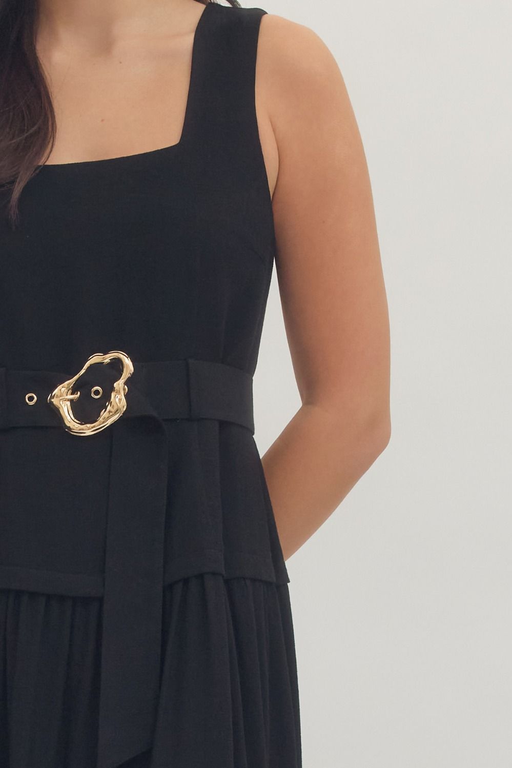 Black Sleeveless Midi Dress With Gold Buckle Belt