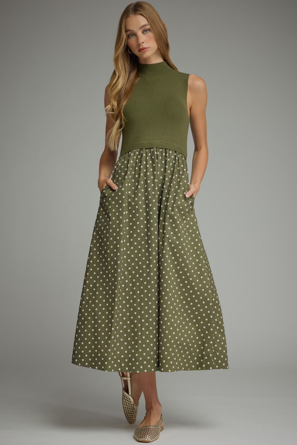 Olive Polka Dot Midi Dress