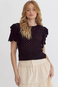 Black Open Knit Ruffle Sleeve Top