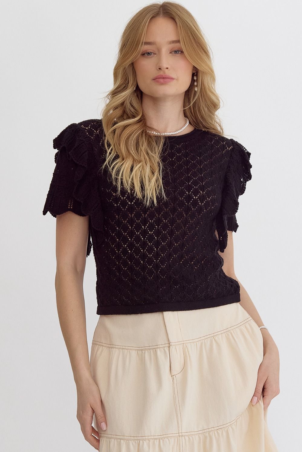 Black Open Knit Ruffle Sleeve Top