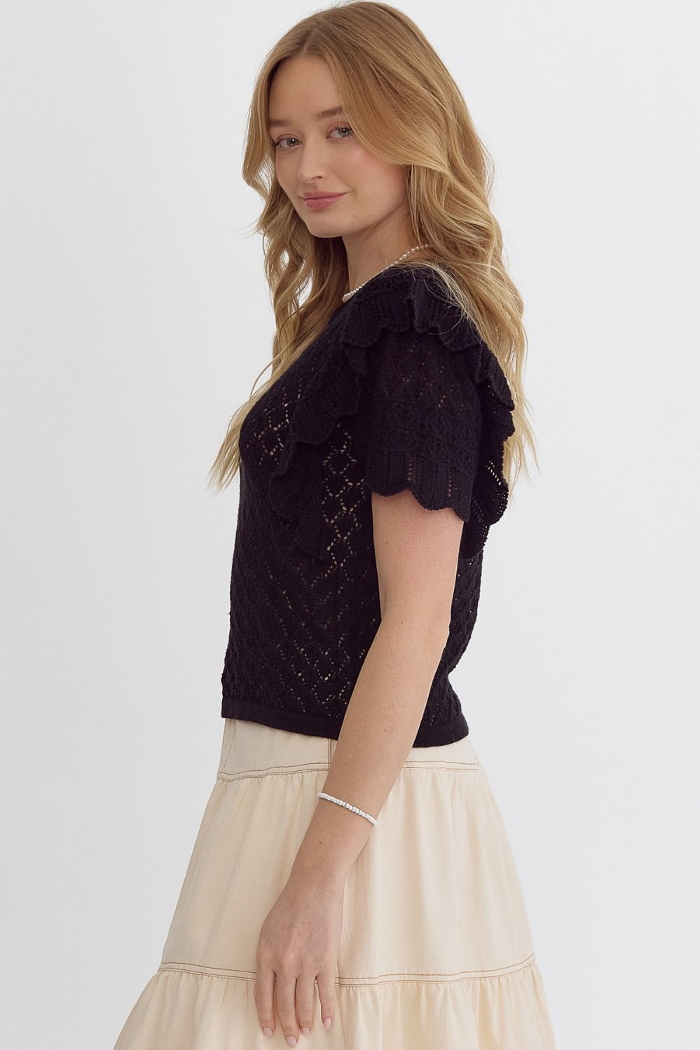 Black Open Knit Ruffle Sleeve Top
