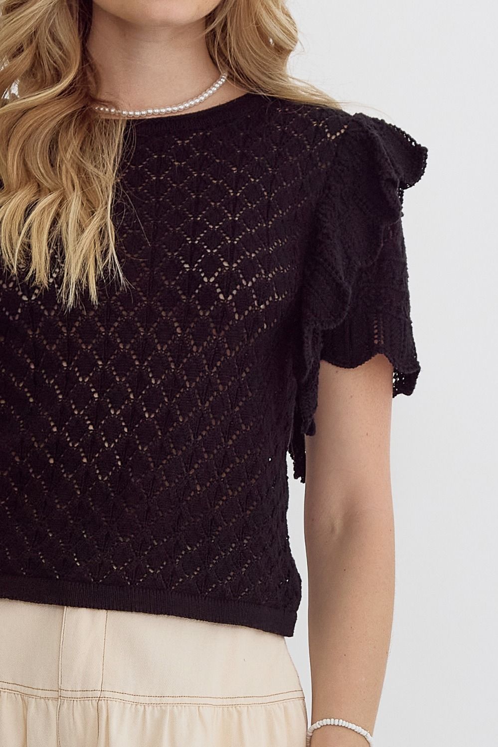 Black Open Knit Ruffle Sleeve Top