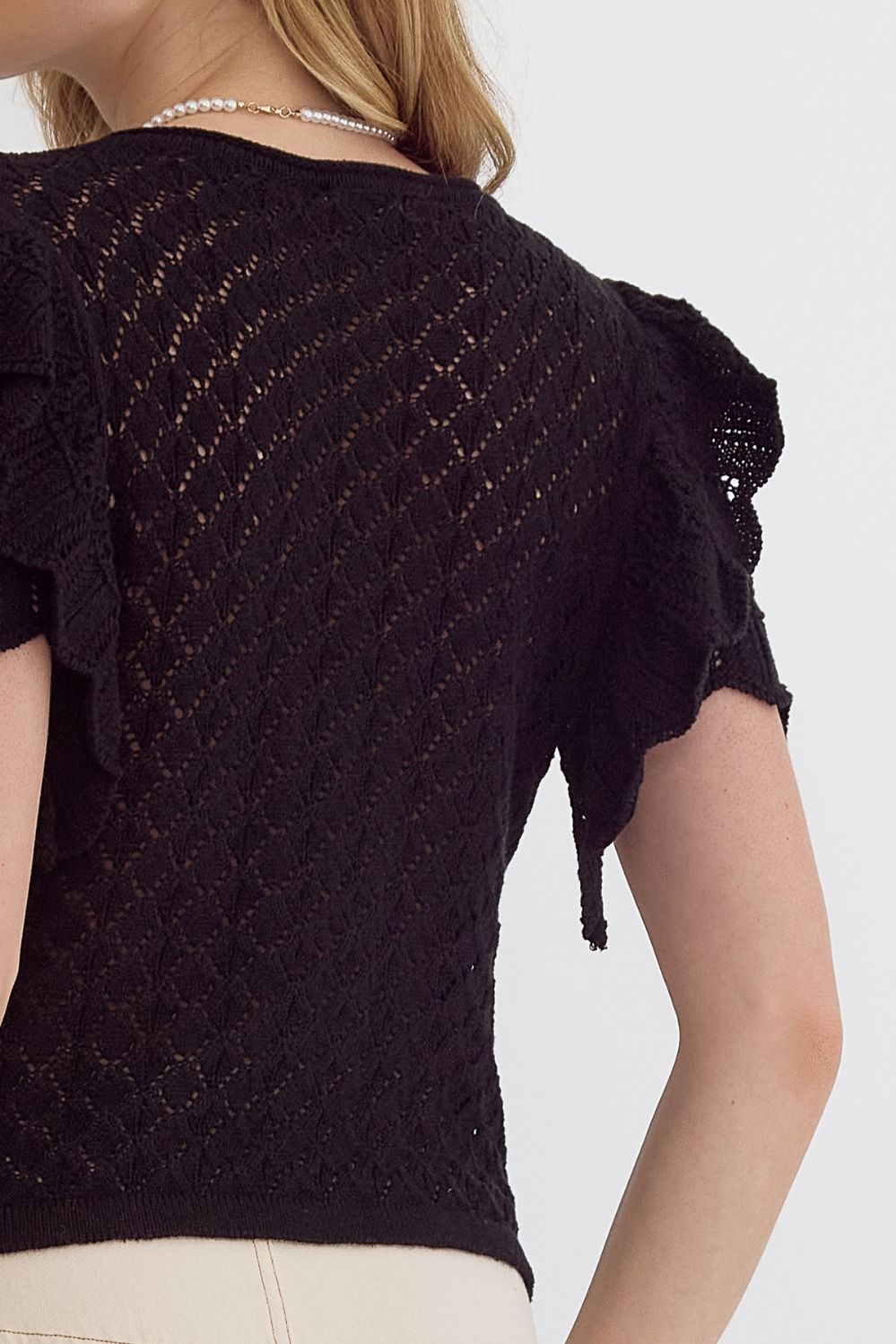 Black Open Knit Ruffle Sleeve Top