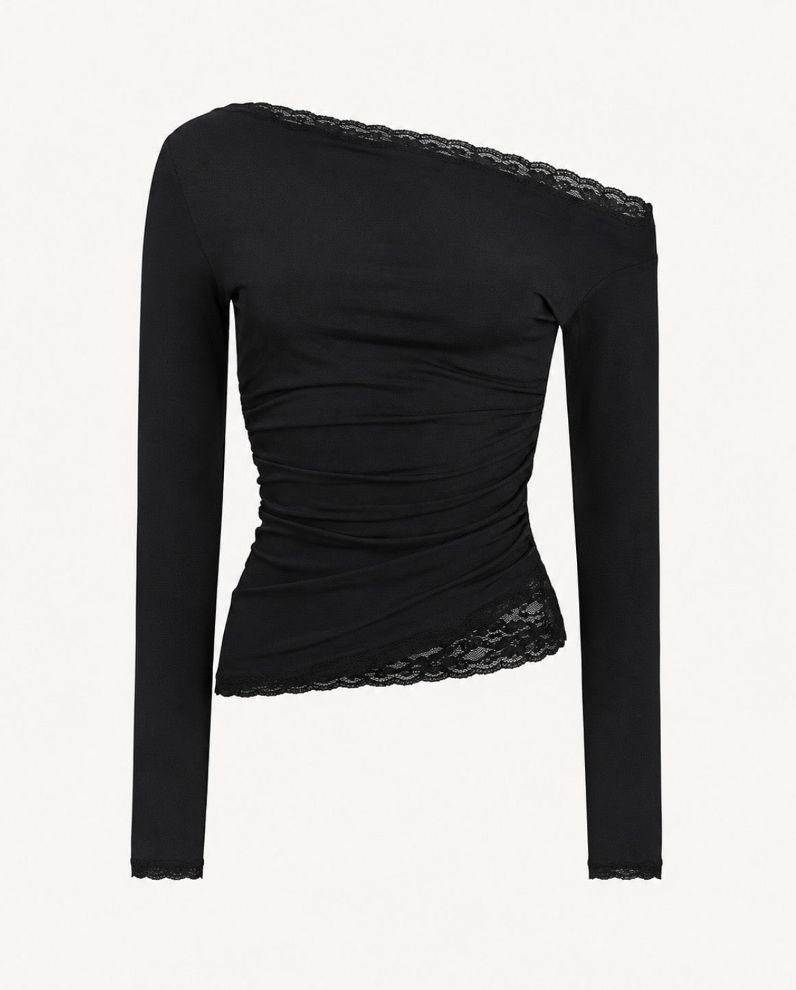Black Lace Trim Ruched Top