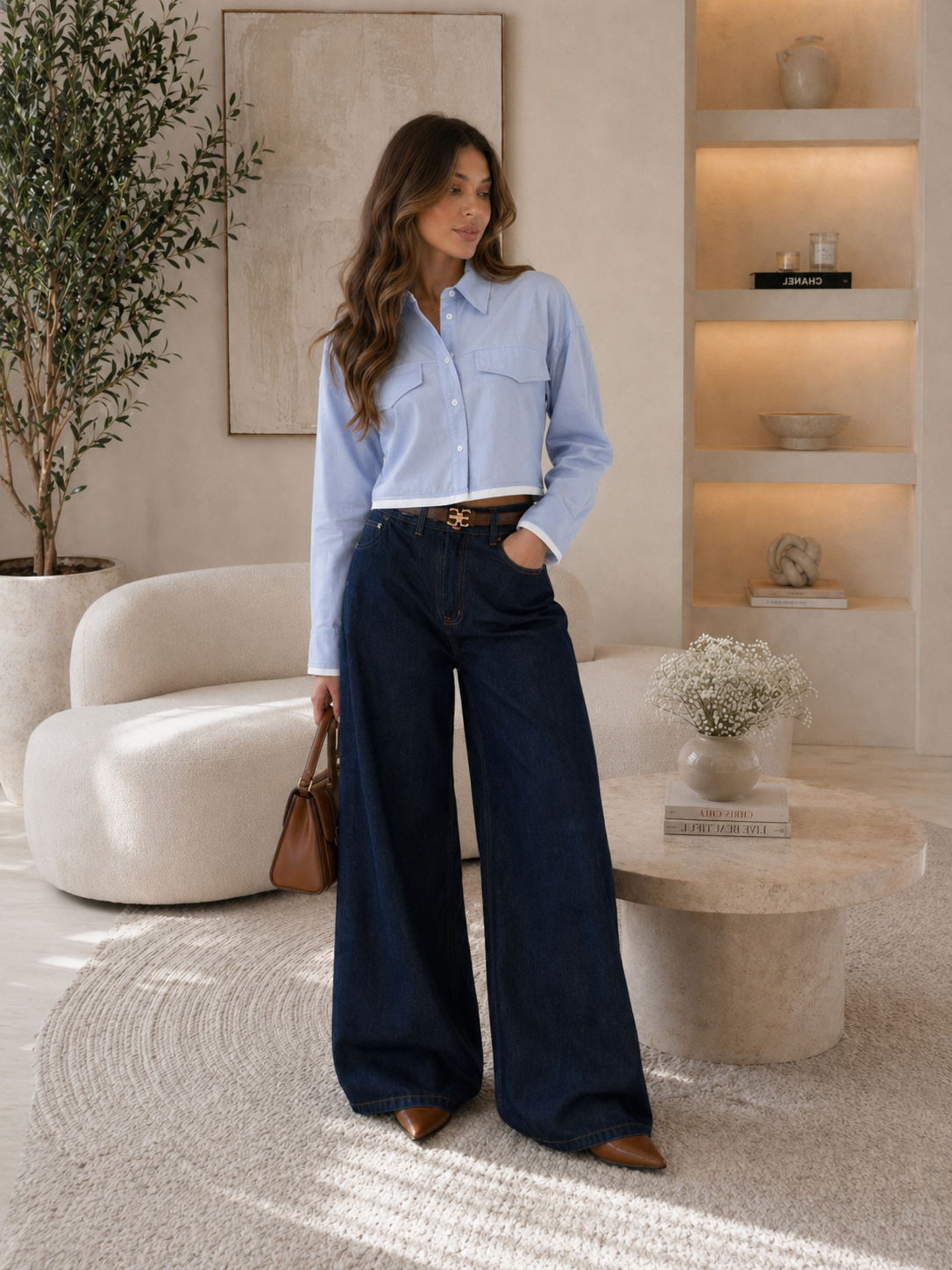 Cropped Button Down Shirt with a Collared Neckline Blue