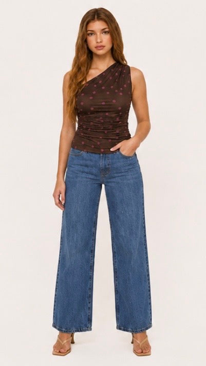 Brown & Fushia Polka Dot One Shoulder Top
