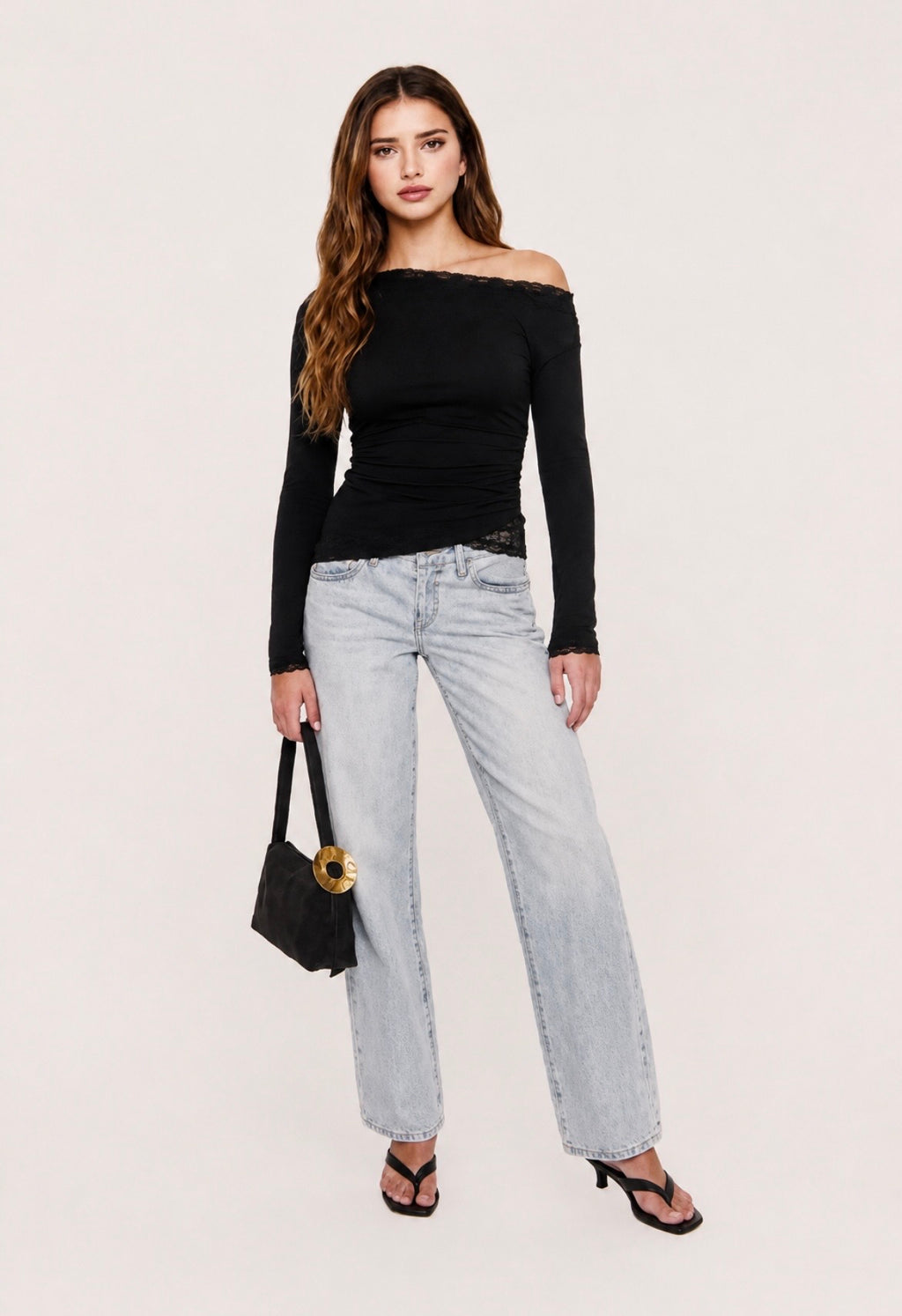 Black Lace Trim Ruched Top