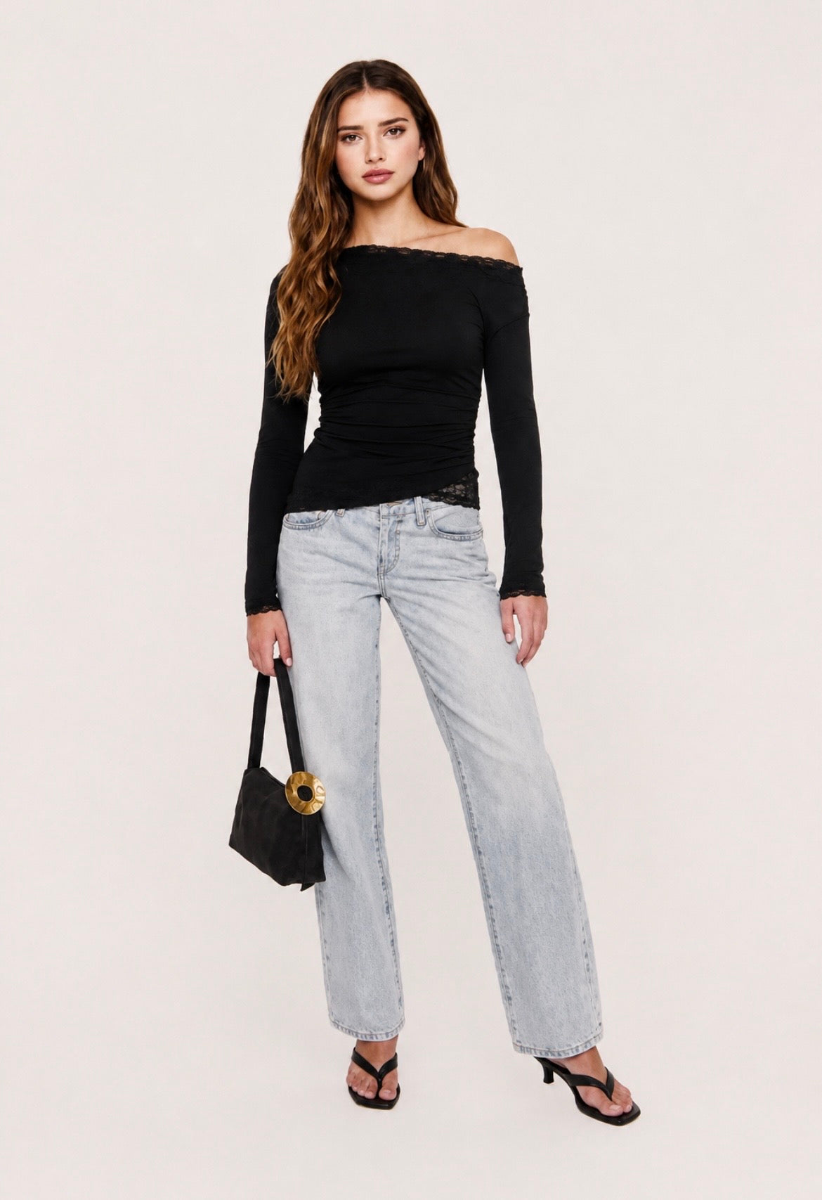 Black Lace Trim Ruched Top