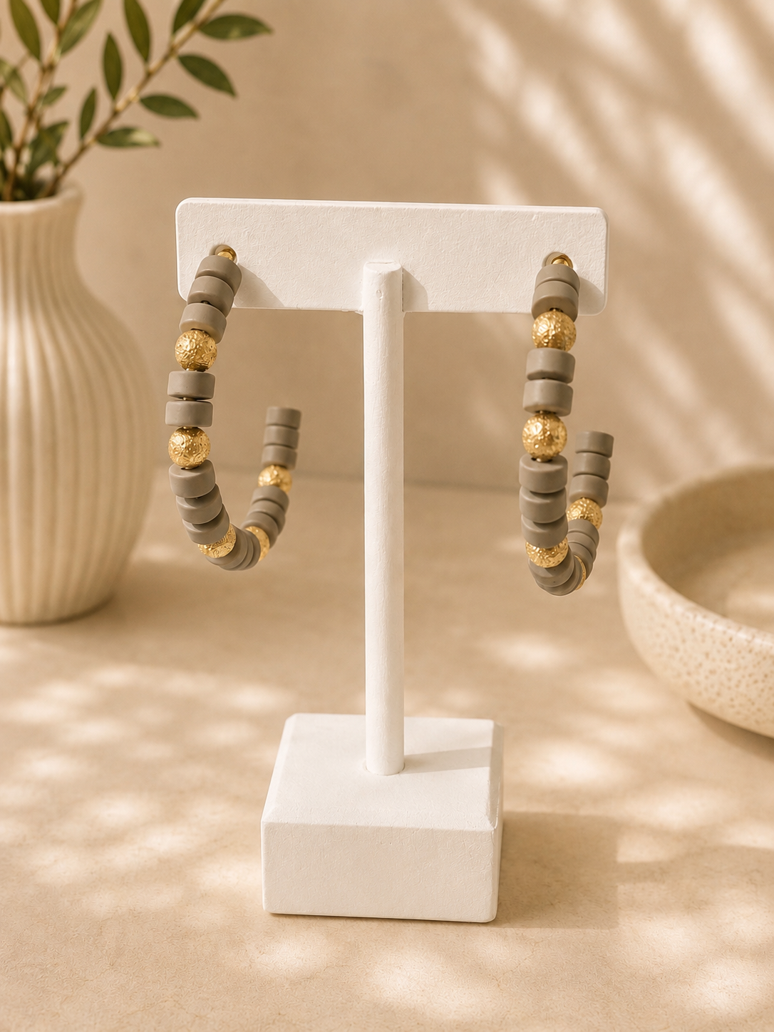 Taupe Beaded Hoop Earrings