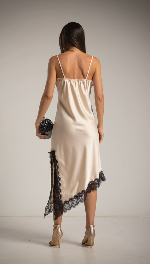 Asymethric Lace Long Dress Beige