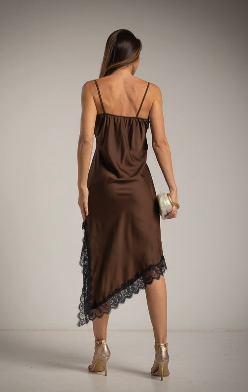 Asymethric Lace Long Dress Brown