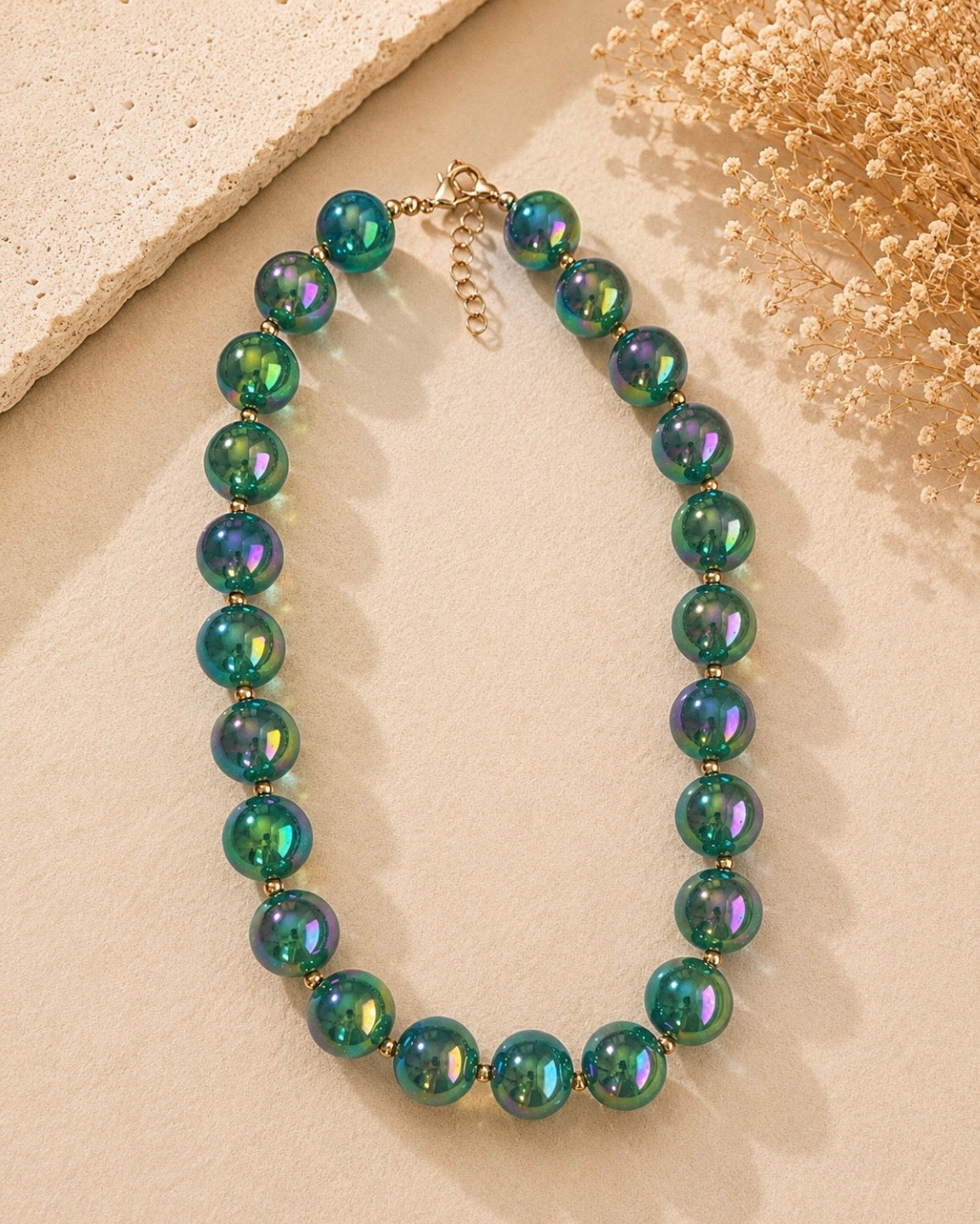 Iridescent Green Beaded Necklace