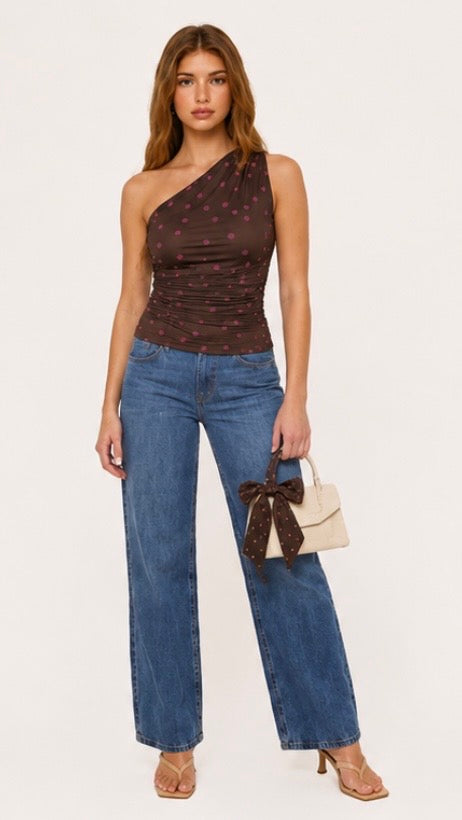Brown & Fushia Polka Dot One Shoulder Top