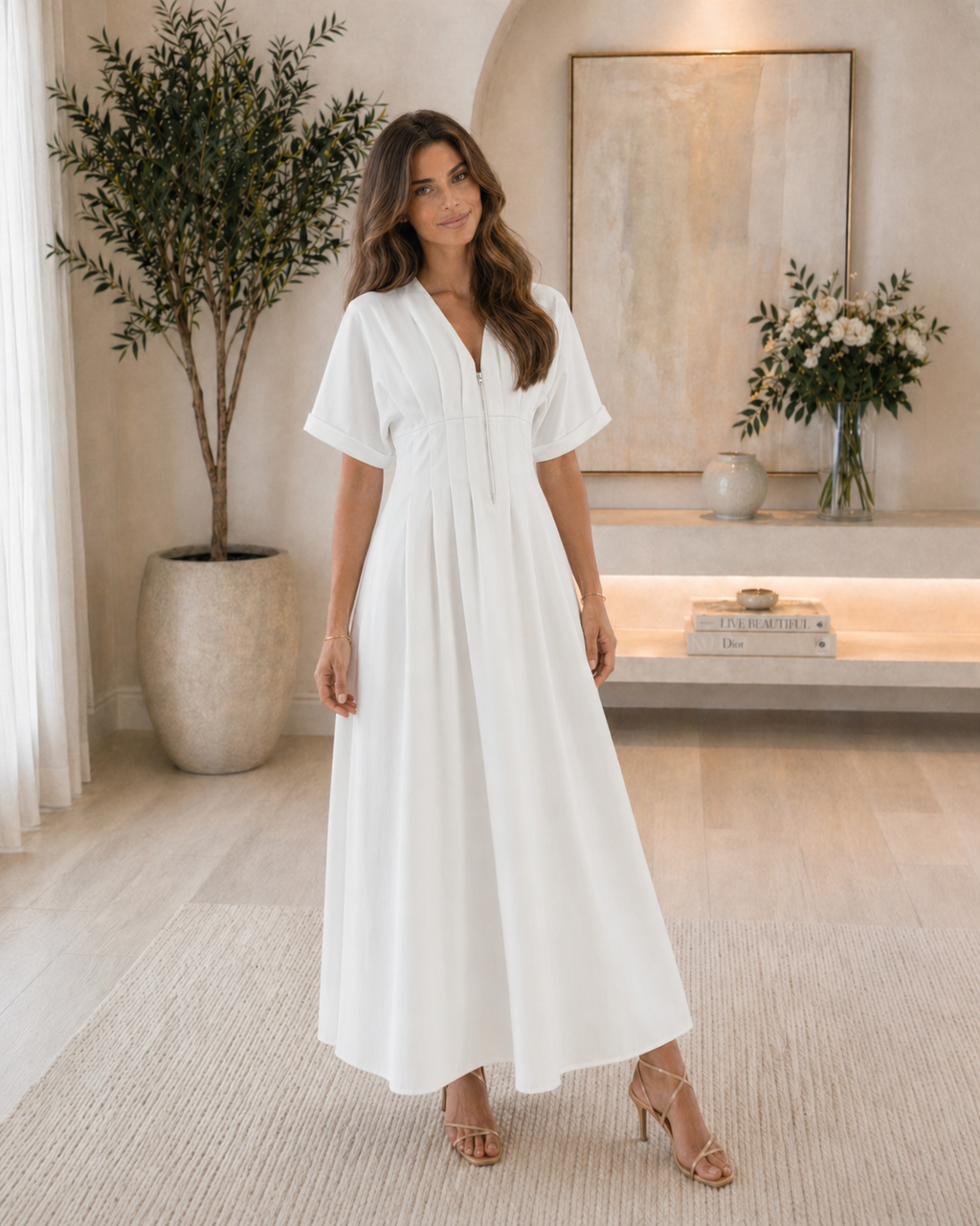 Front Zip Pleats Stretch Shirt Dress