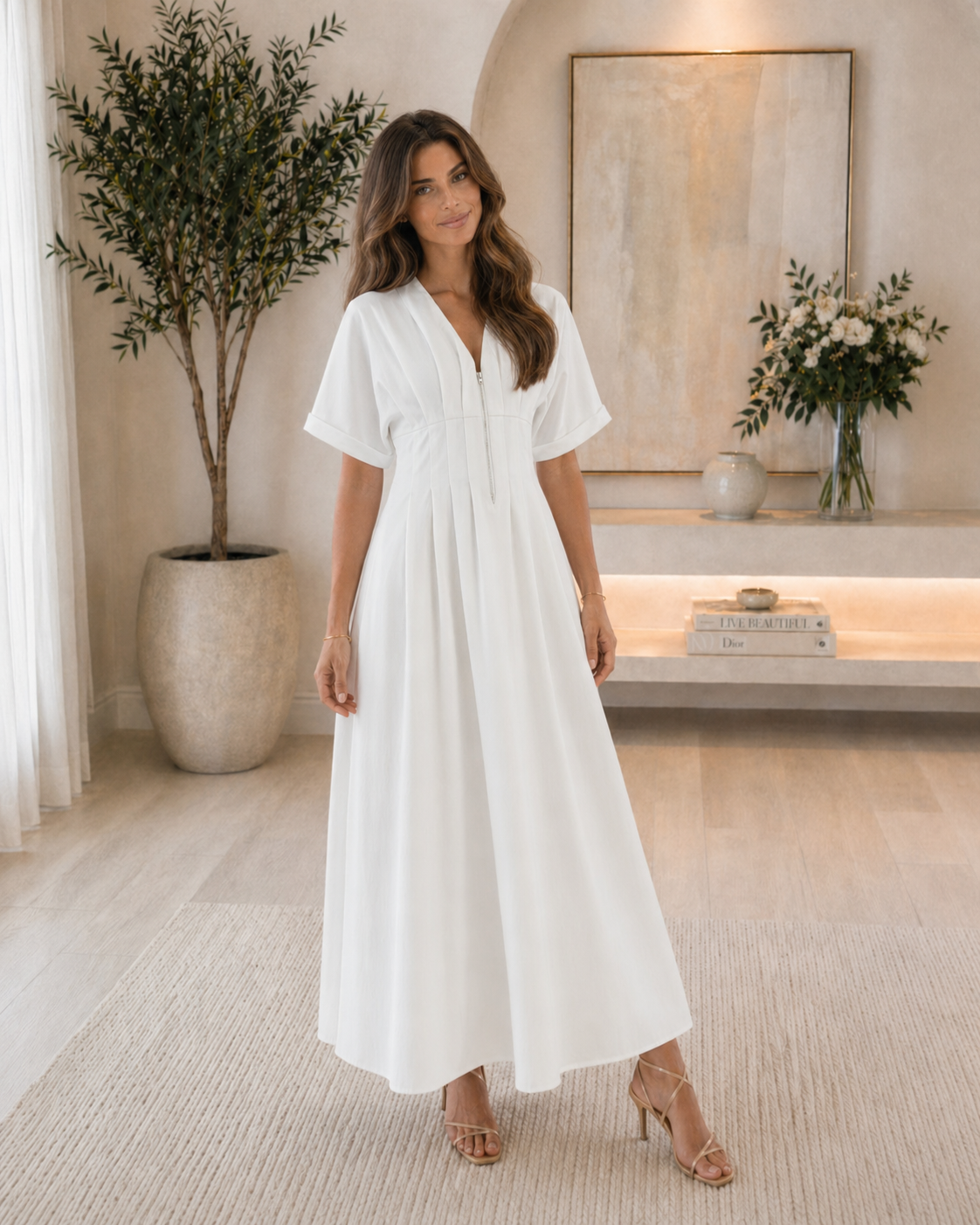 Front Zip Pleats Stretch Shirt Dress