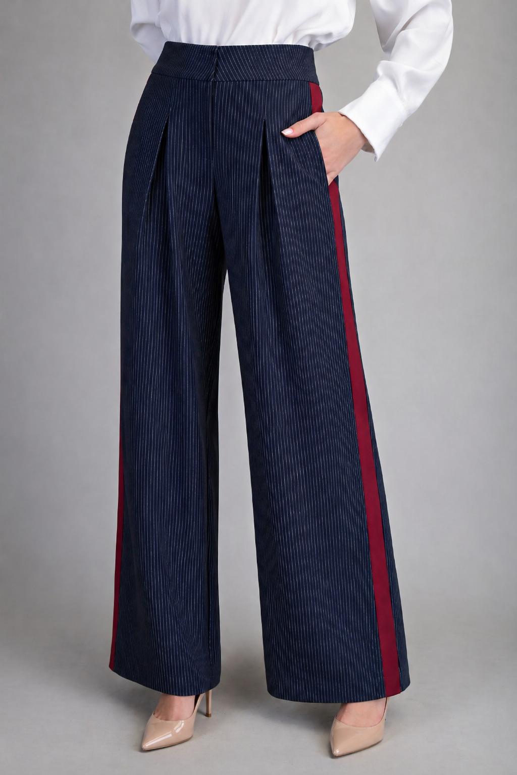 Blue Wide Leg Pants with Red Contrast