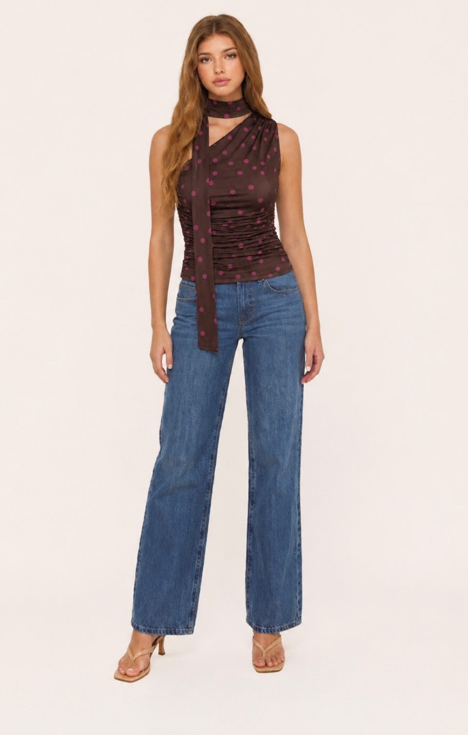 Brown & Fushia Polka Dot One Shoulder Top