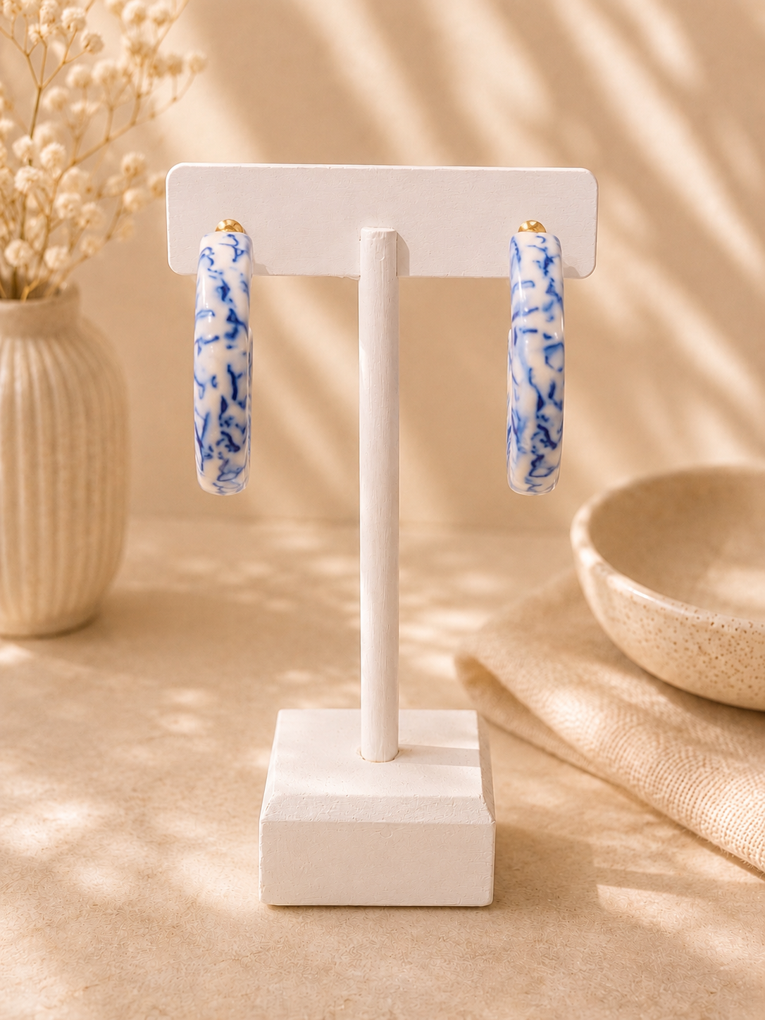 Blue and White Marbled Hoop Earrings