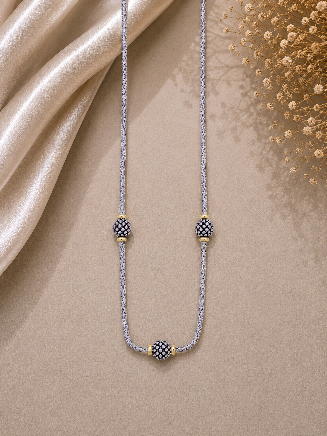 Silver Mesh Necklace with Pave Bead Accents