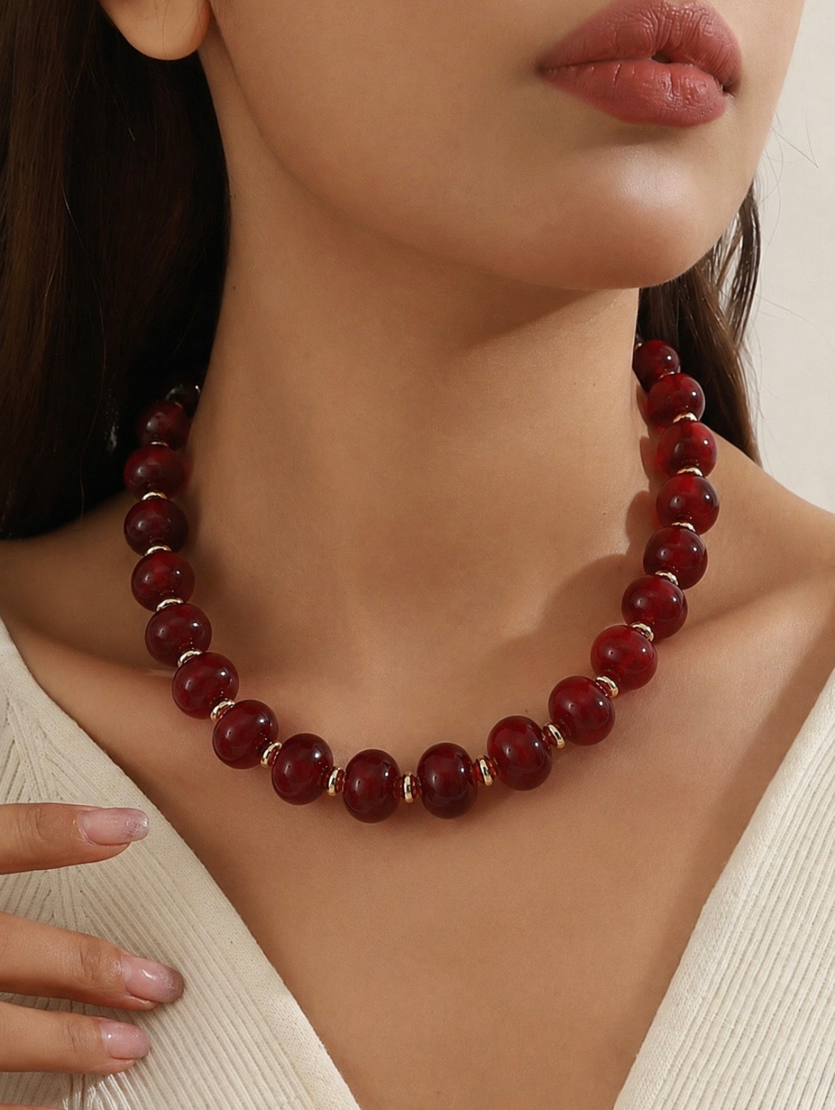 Boho Oval Resin Bead Necklace Dark Red