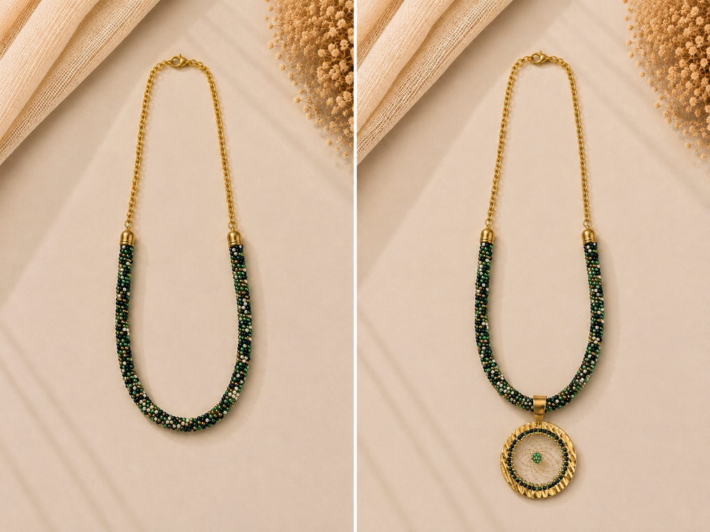 Green Beaded Charm Necklace