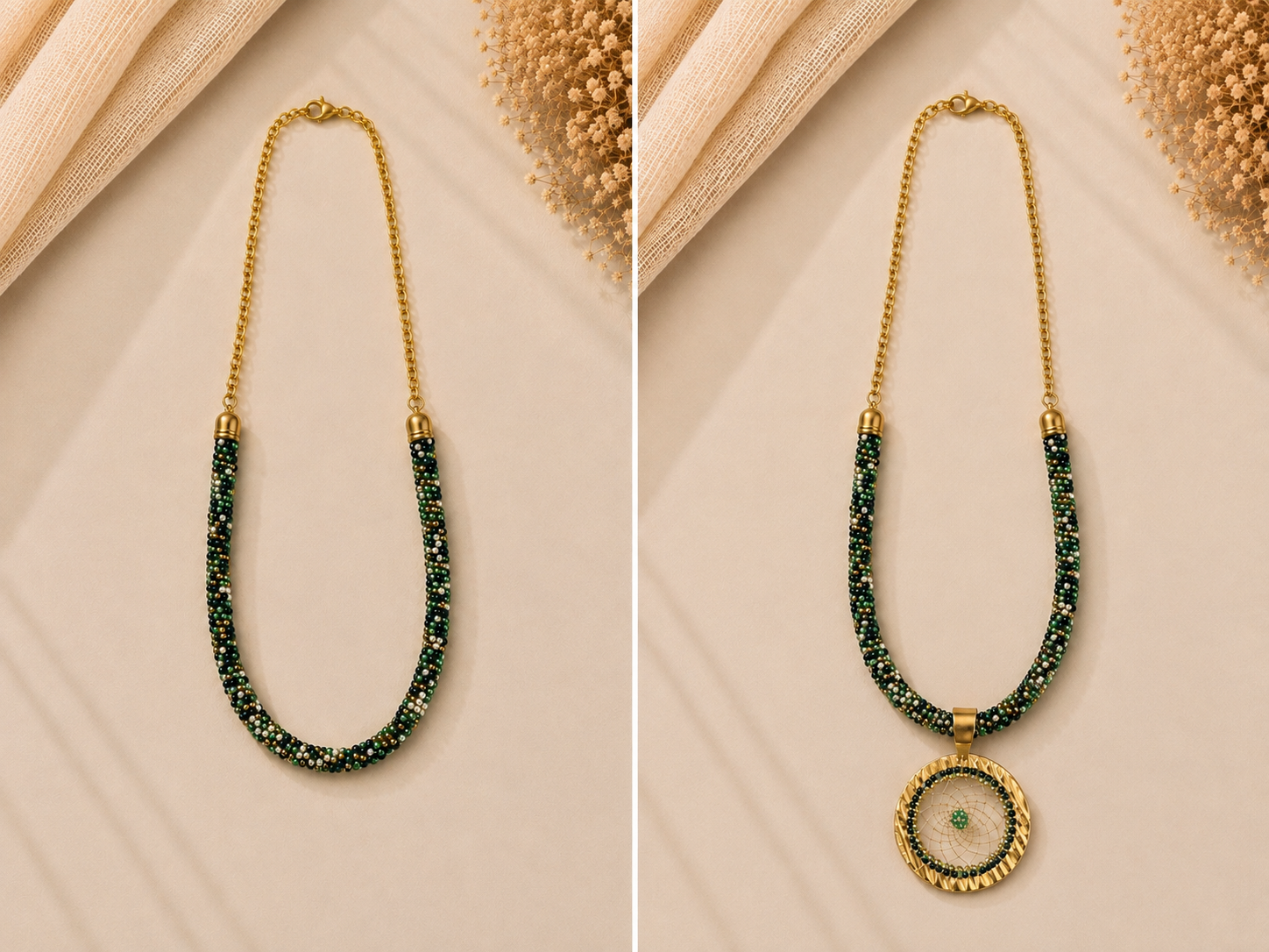 Green Beaded Charm Necklace
