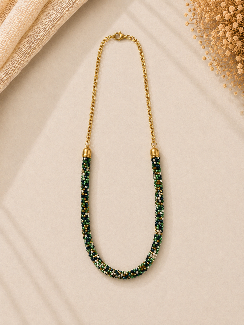 Green Beaded Charm Necklace
