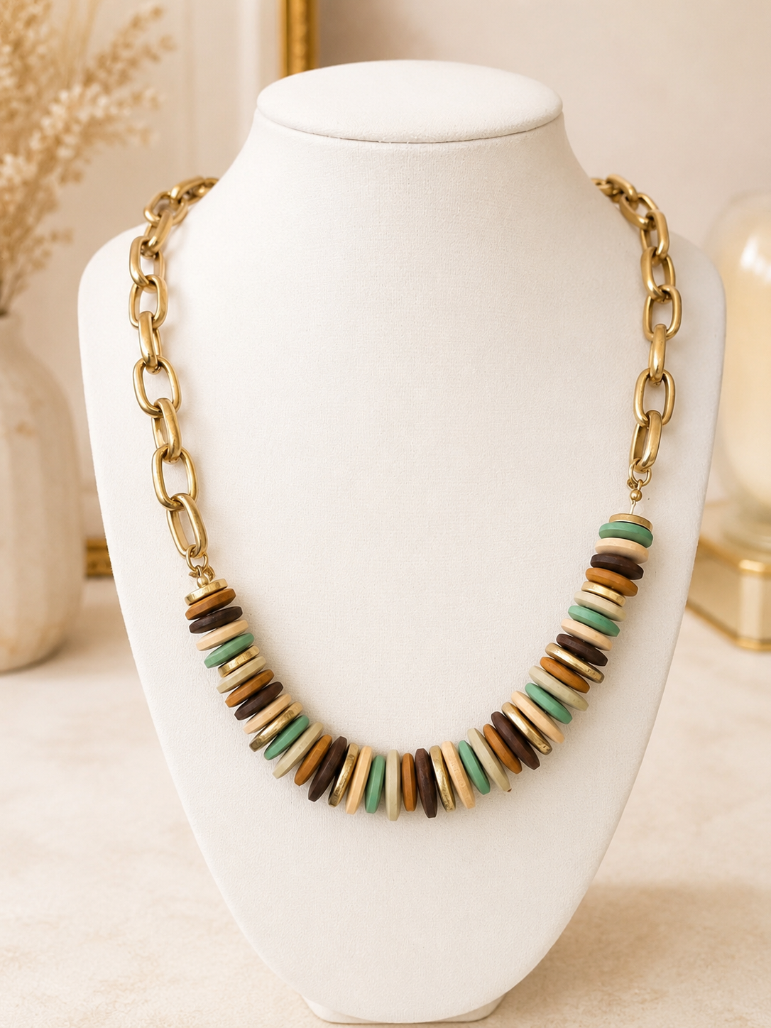 Mixed Bead and Gold Chain Necklace