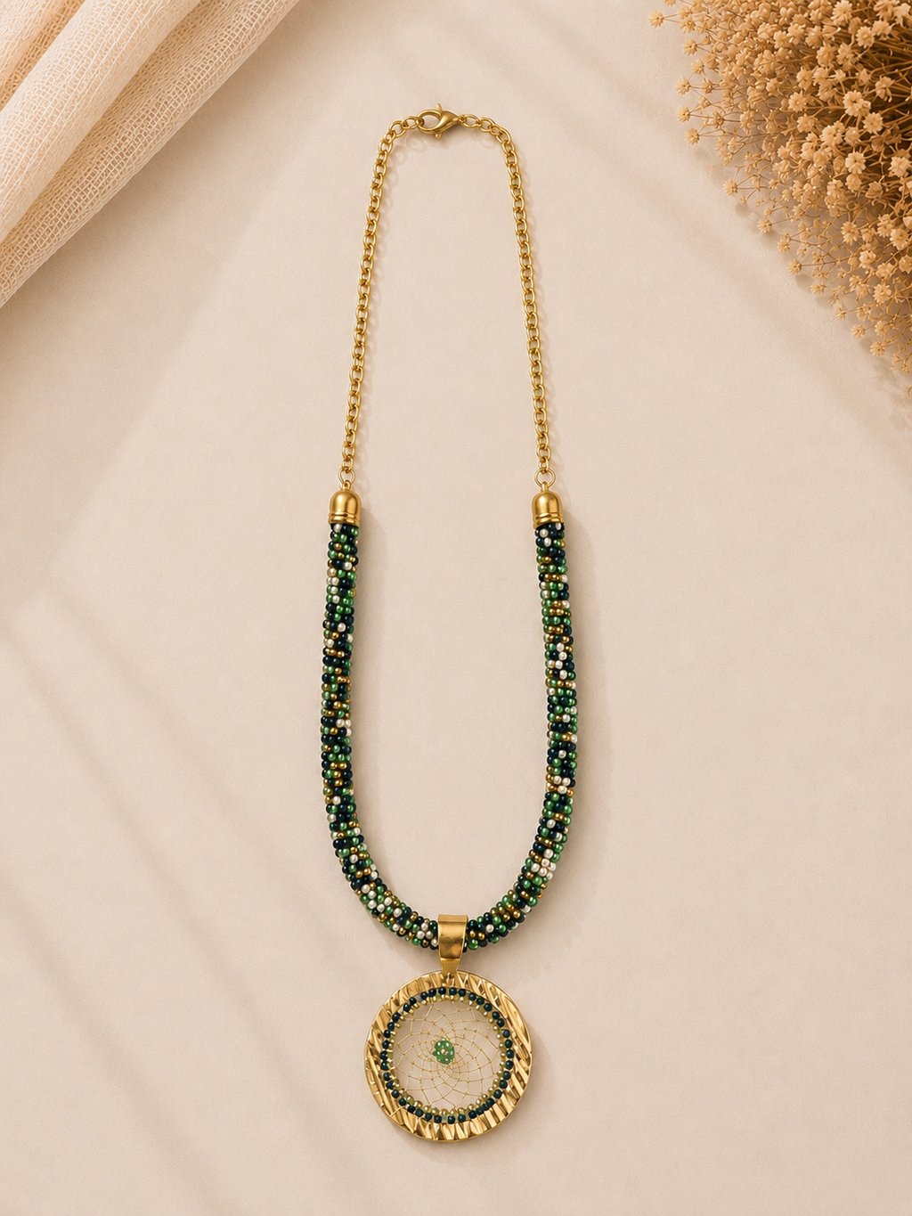 Green Beaded Charm Necklace