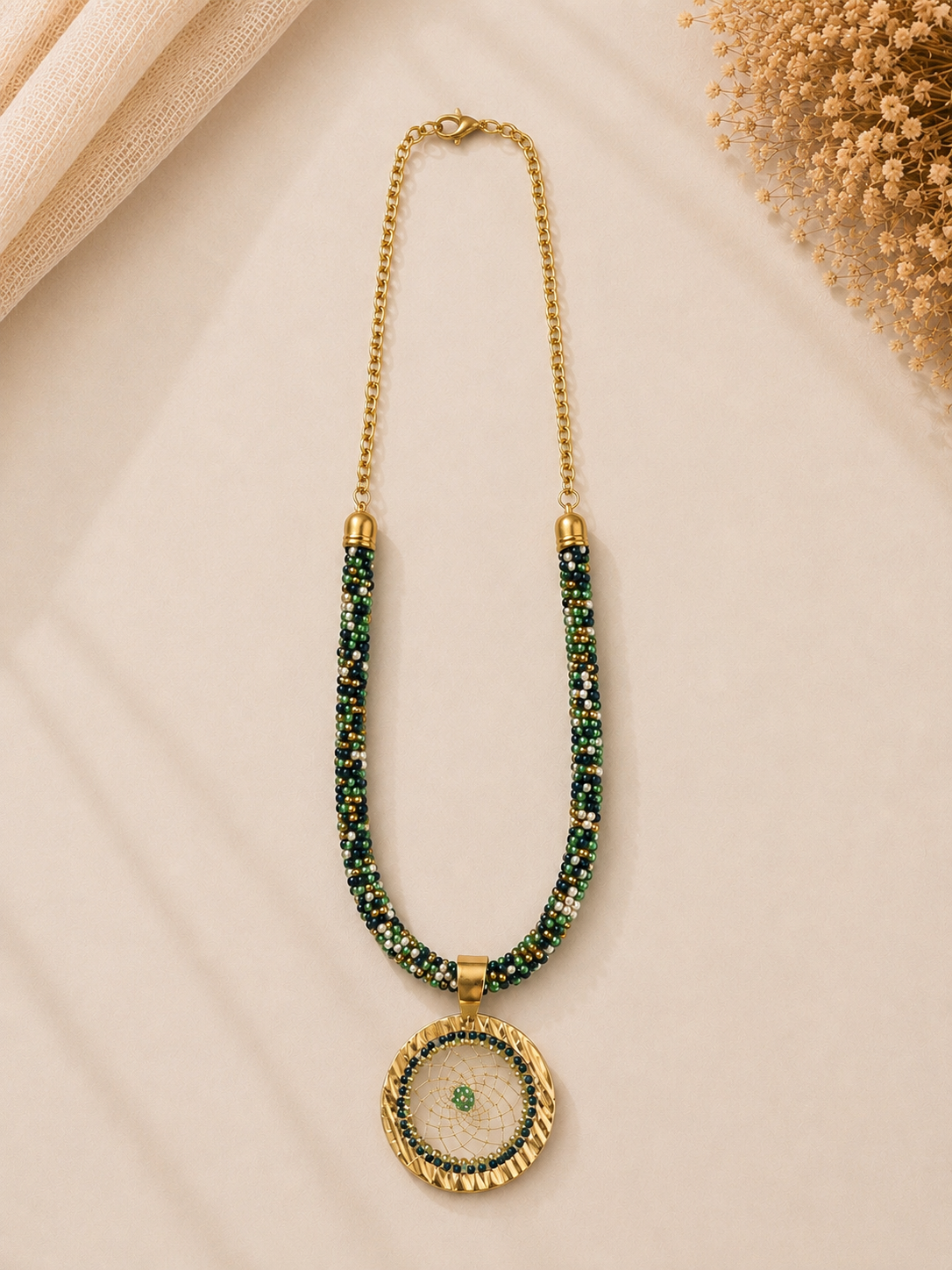 Green Beaded Charm Necklace