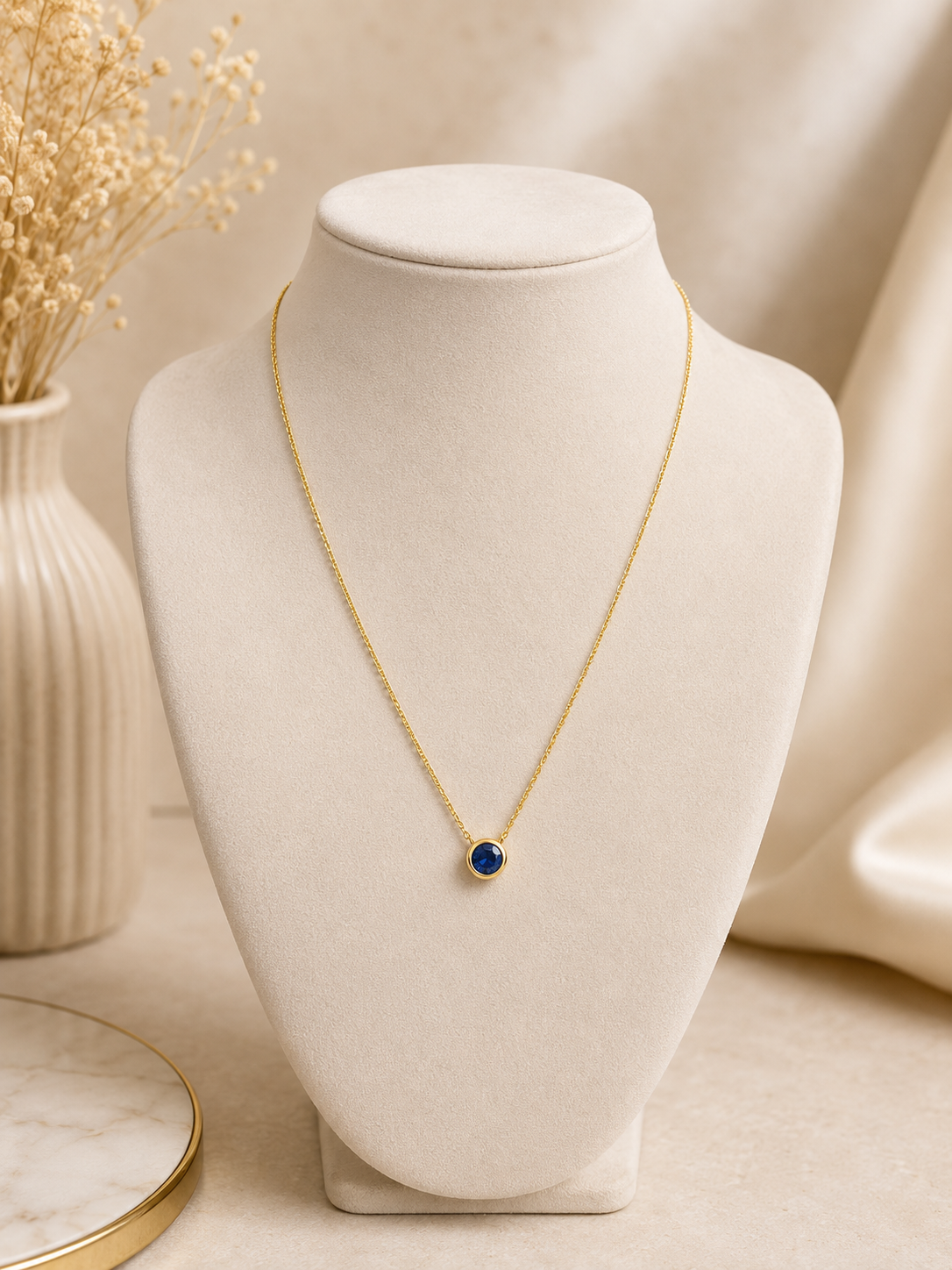 Gold Necklace with Blue Stone Pendant