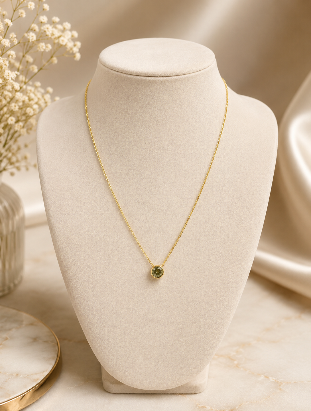 Gold Necklace with Green Stone Pendant