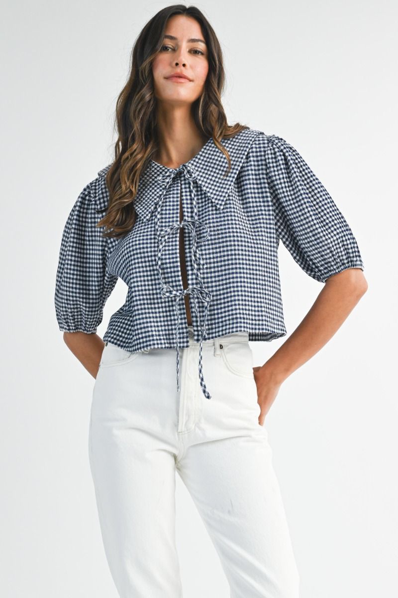 Gingham Plaid Collared Shirt Top