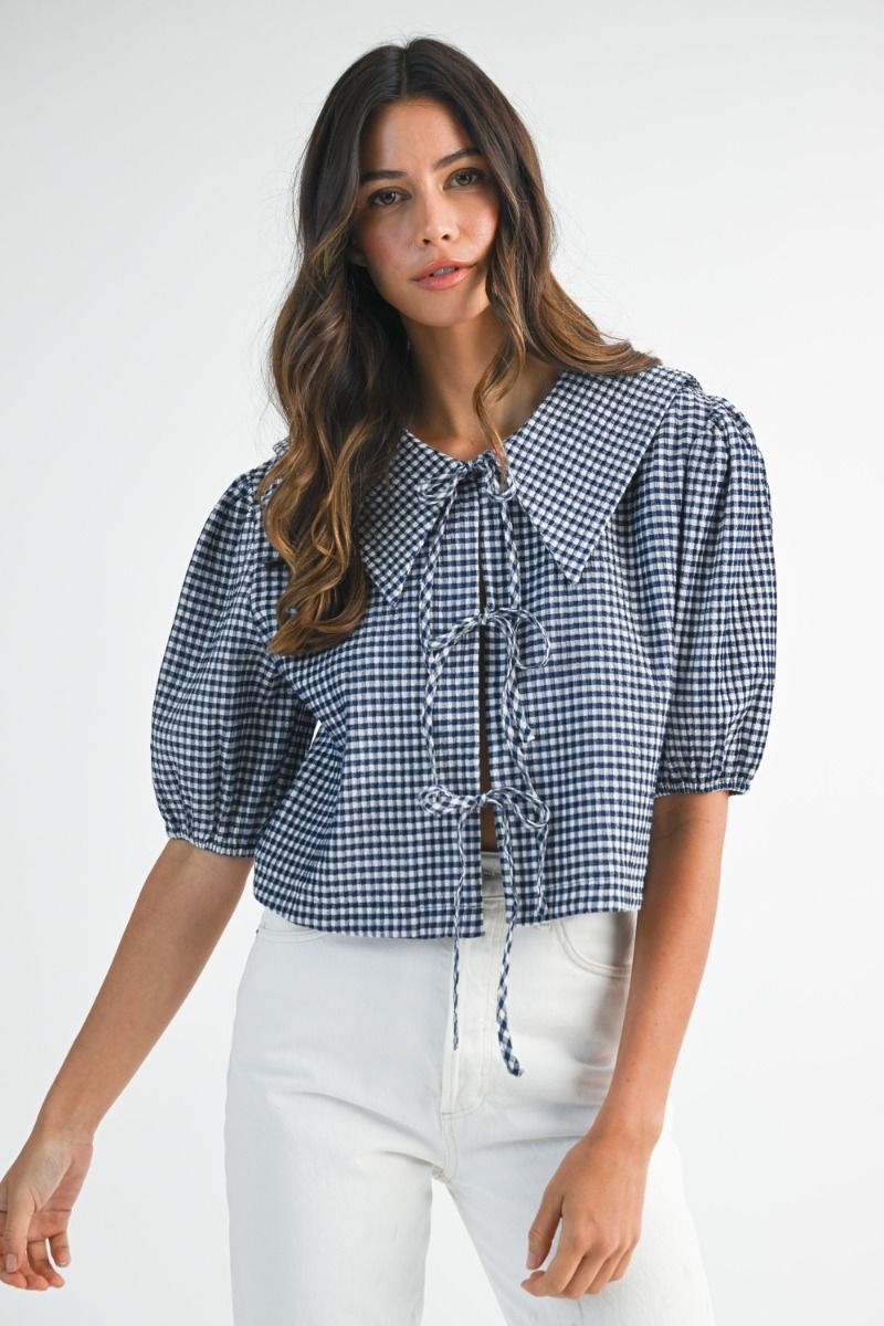 Gingham Plaid Collared Shirt Top