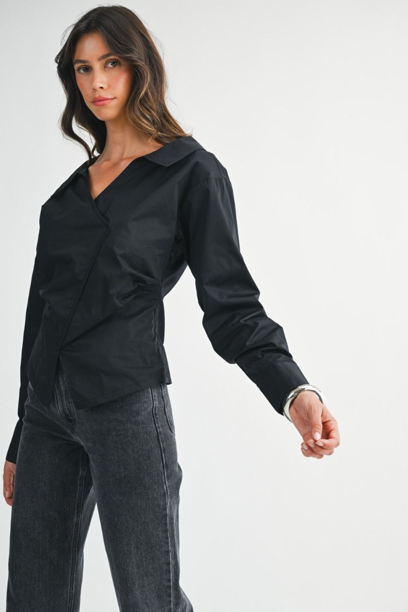 Long Sleeve Blouse Top with an Asymmetric wrap front