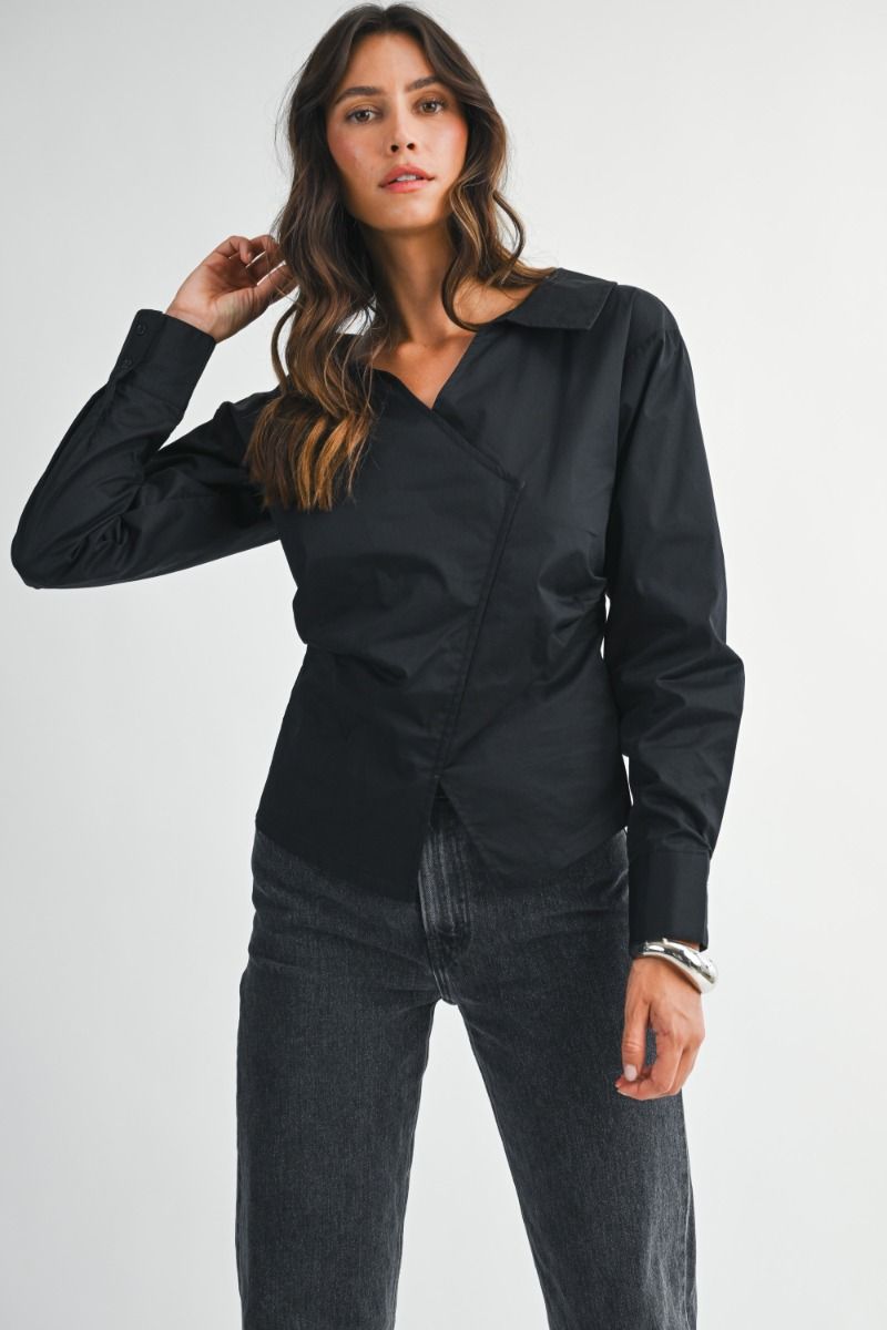 Long Sleeve Blouse Top with an Asymmetric wrap front